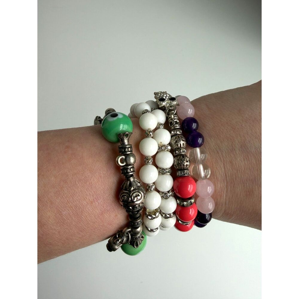 5pc Beaded Stretch Bracelet Lot Evil Eye Owl Elephant Charms Boho Stack